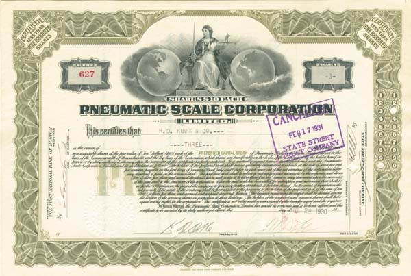 Pneumatic Scale Corporation - Stock Certificate