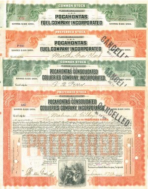 Collection of 4 Stock Certificates - Pocahontas Fuel Co. Inc and Pocahontas Consolidated Colliers Co., Inc.