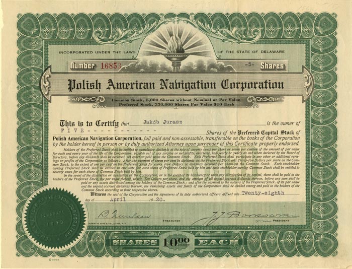 Polish American Navigation Corporation - Stock Certificate