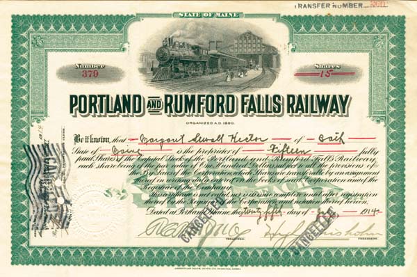 Portland and Rumford Falls Railway - Stock Certificate