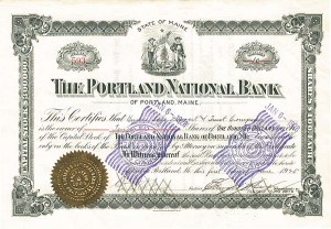 Portland National Bank of Portland, Maine - Stock Certificate