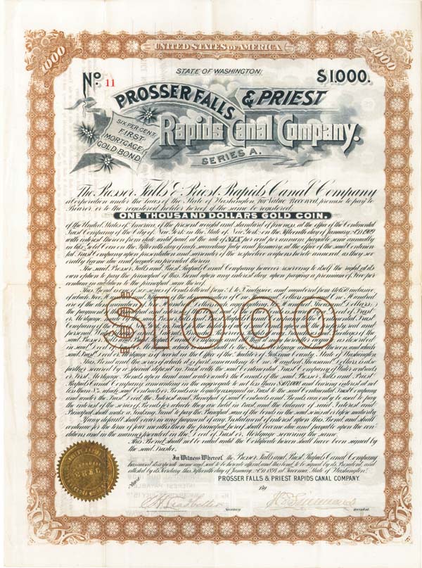 Prosser Falls and Priest Rapids Canal Co. - $1,000 Gold Bond from Washington State