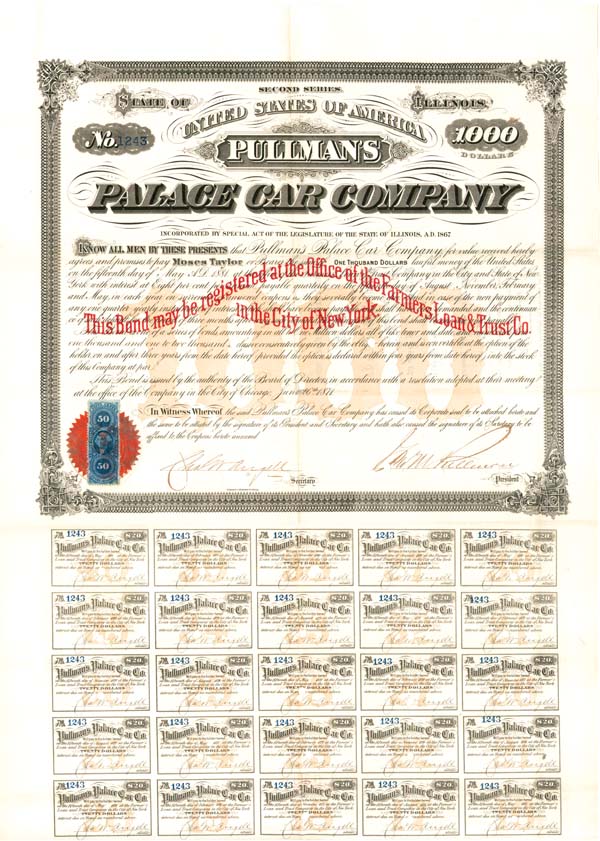 George M. Pullman autographed Pullman's Palace Car Co. - Bond