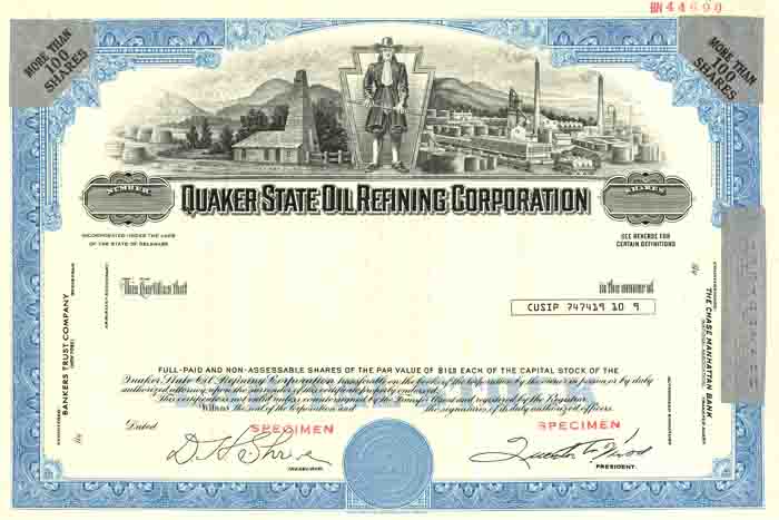 Quaker State Oil Refining Corporation - Stock Certificate