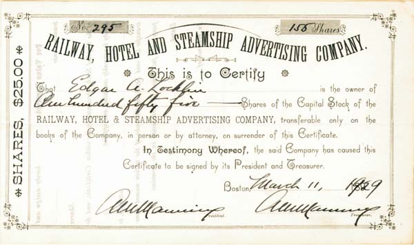 Railway, Hotel and Steamship Advertising Co. - Stock Certificate