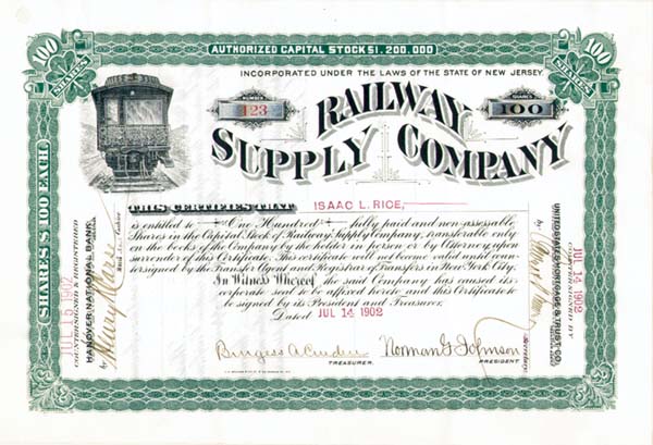 Isaac L. Rice - Railway Supply Co - Stock Certificate (Uncanceled)