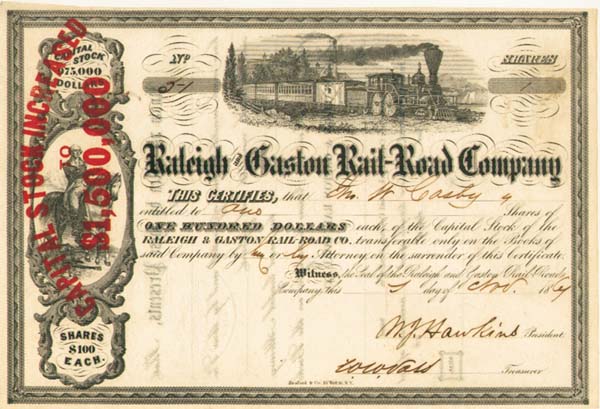 Raleigh and Gaston Railroad - North Carolina Railway Stock Certificate