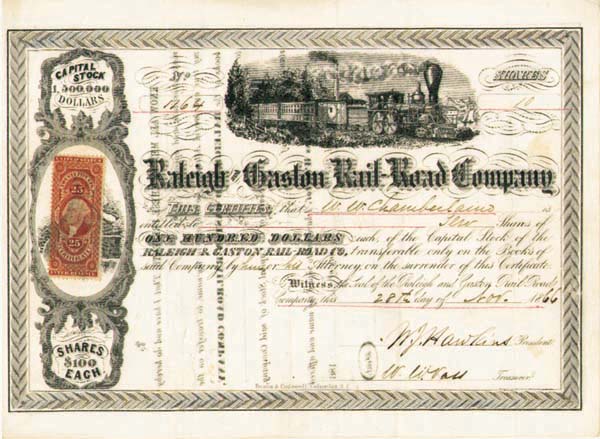Raleigh and Gaston Railroad - North Carolina Railway Stock Certificate