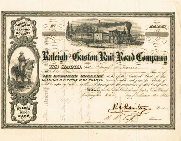 Raleigh and  Gaston Railroad Co. - Stock Certificate