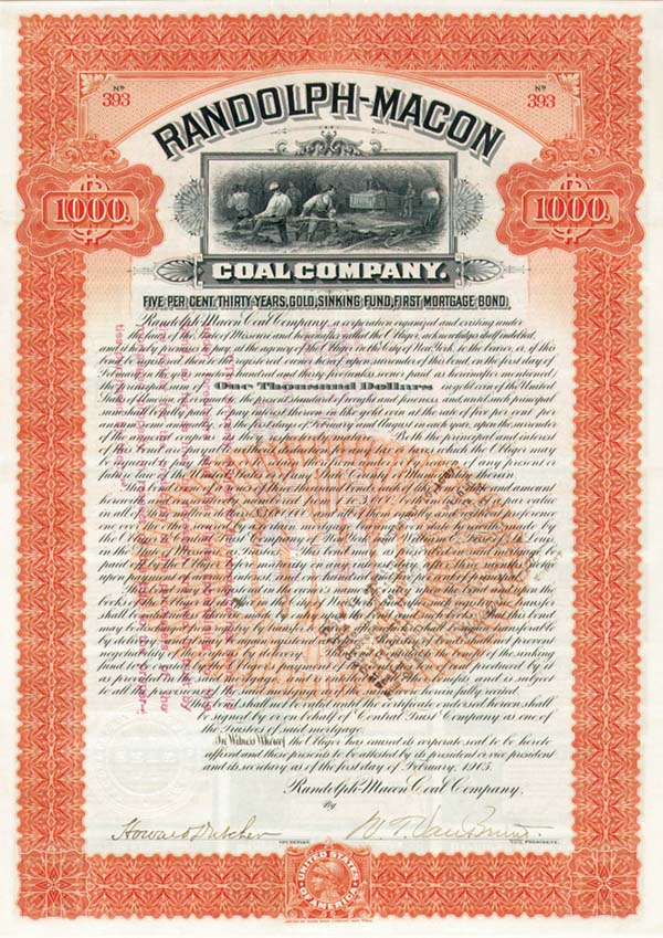 Randolph-Macon Coal Co. - 1905 dated $1,000 Missouri Mining Bond (Uncanceled)