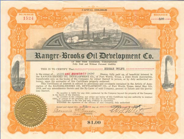 Ranger-Brooks Oil Development Co. - Stock Certificate (Uncanceled)