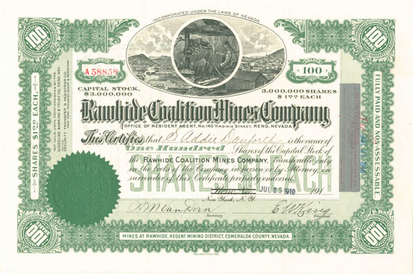 Rawhide Coalition Mines Co. - Stock Certificate