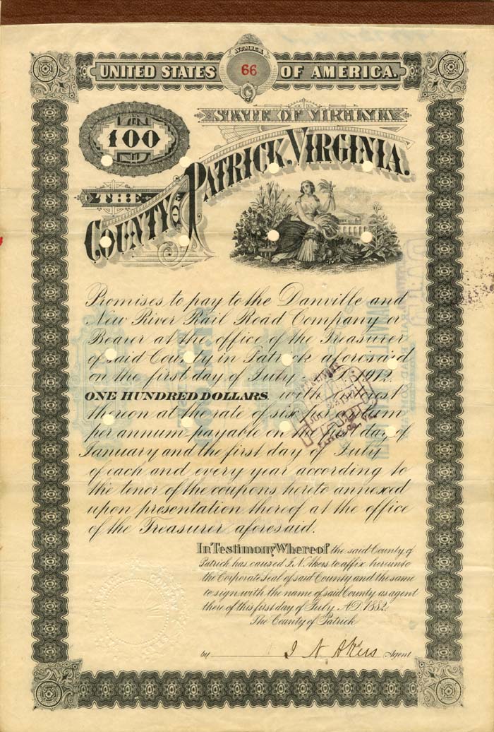 Danville and New River Rail Road Co. - County of Patrick, Virginia - Bond
