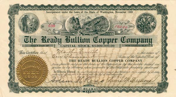 Ready Bullion Copper Co. - Stock Certificate