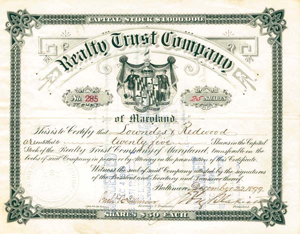 Realty Trust Co. of Maryland - Stock Certificate