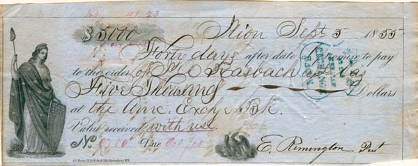E. Remington II or Jr. - Signed Check - Founder of Remington and Sons