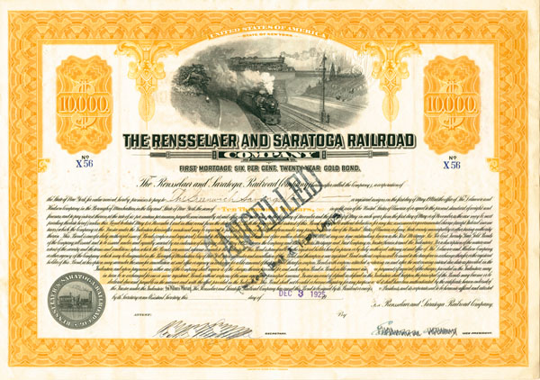 Rensselaer and Saratoga Railroad - $10,000 Bond