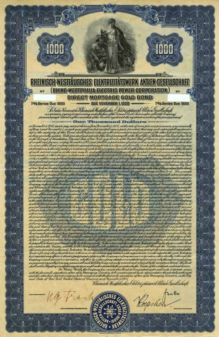 Rhine-Westphalia Electric Power Corp. 7% Uncancelled $1000 Bond of 1925