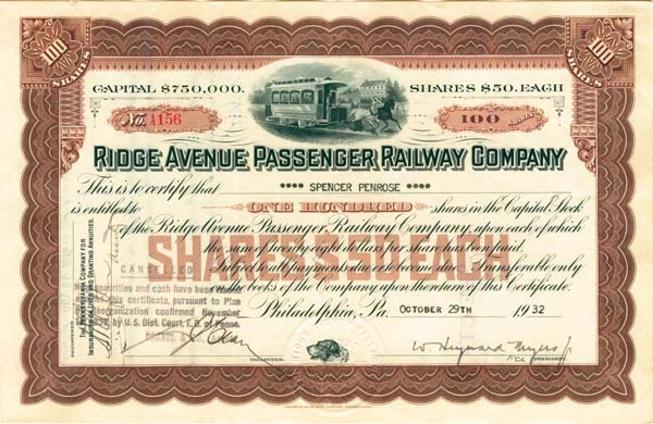 Ridge Avenue Passenger Railway Co. - Stock Certificate