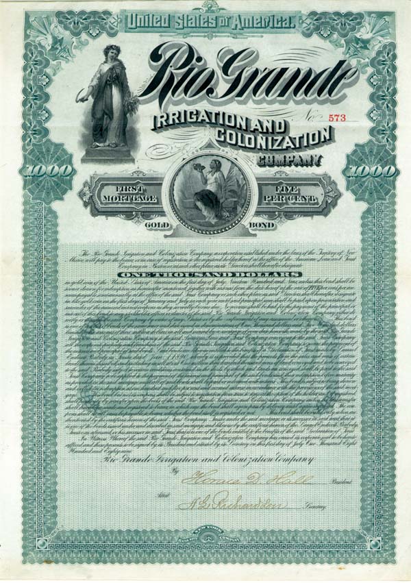 Rio Grande Irrigation and Colonization Co. - $1,000 Bond