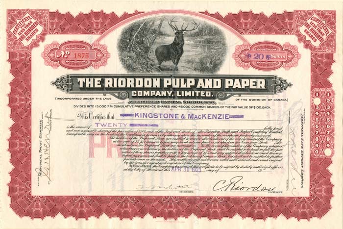 Riordon Pulp and Paper Co., Limited - Stock Certificate