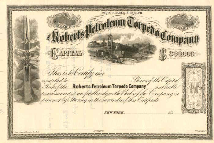 Roberts Petroleum Torpedo Co. - Unissued Only - Stock Certificate