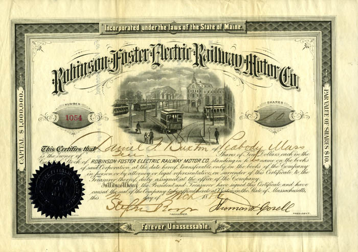 Robinson Foster Electric Railway Motor Co - Only 2 Known - Stock Certificate