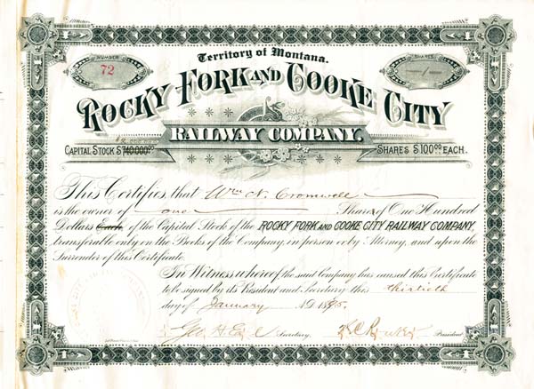 Rocky Fork and Cooke City Railway Company - Stock Certificate