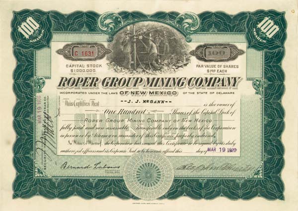 Roper Group Mining Co. of New Mexico - Stock Certificate