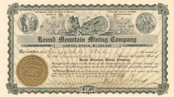 Round Mountain Mining Co. - Stock Certificate