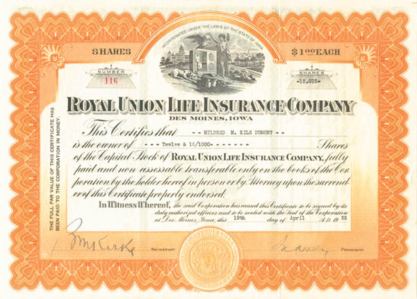Royal Union Life Insurance Co - Stock Certificate