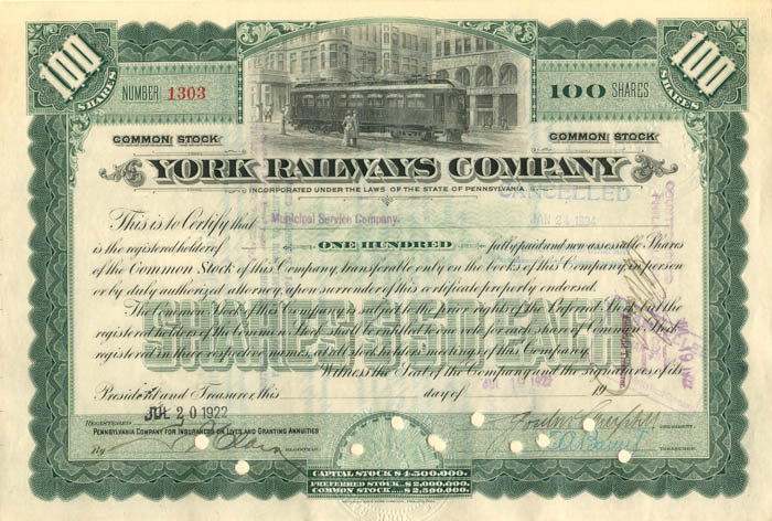 York Railways Co. - Stock Certificate