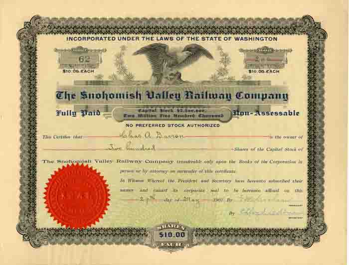 Snohomish Valley Railway Co. - Stock Certificate