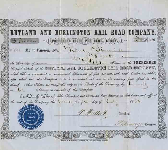 Rutland and Burlington Rail Road Co. - Stock Certificate