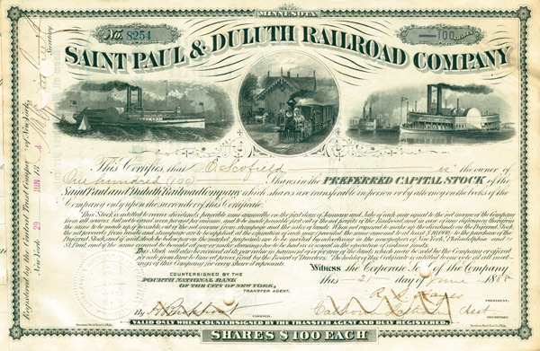 Saint Paul and Duluth Railroad - Stock Certificate