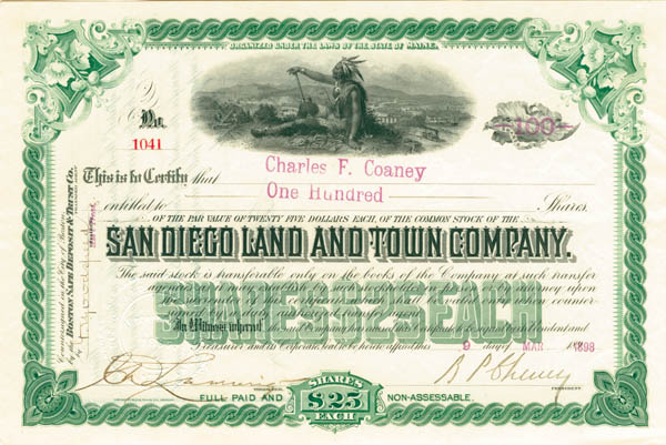 San Diego Land and Town Co. - Stock Certificate