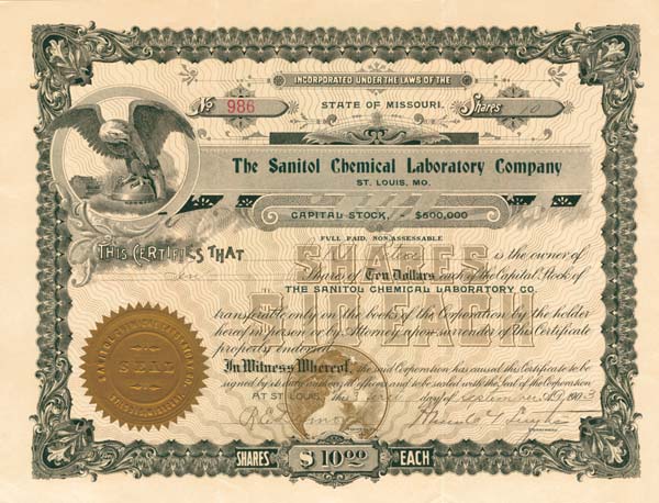 Sanitol Chemical Laboratory Co. - Stock Certificate