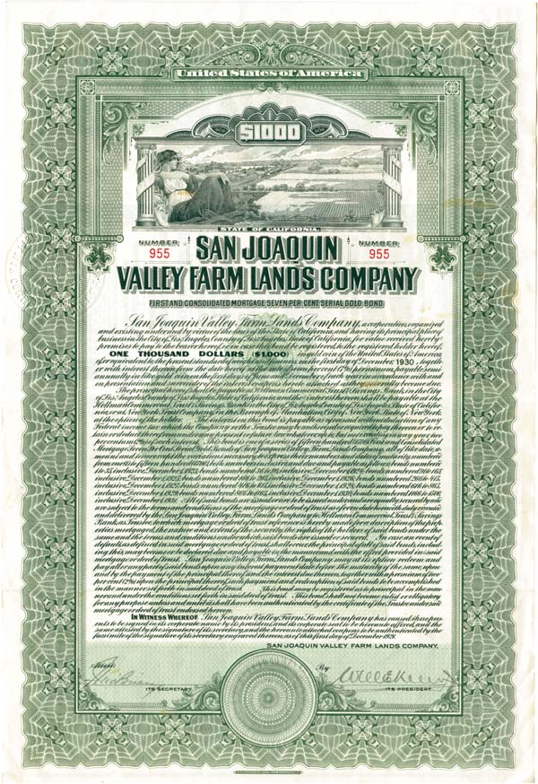 San Joaquin Valley Farm Lands Co. - Bond (Uncanceled)