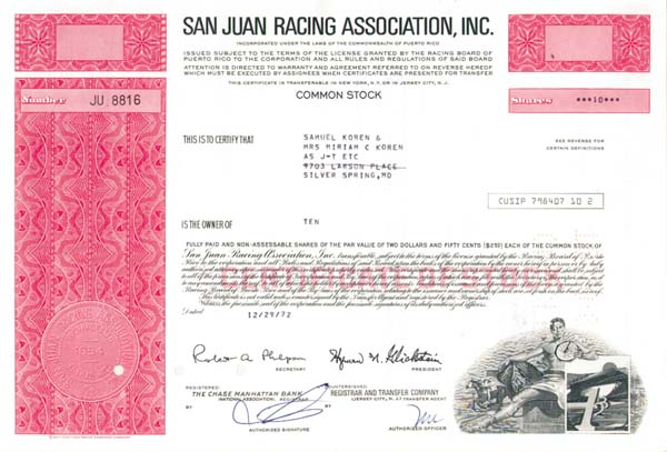 San Juan Racing Association - Stock Certificate
