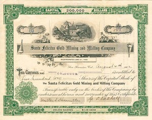 Santa Felicitas Gold Mining and Milling Co. - Stock Certificate (Uncanceled)