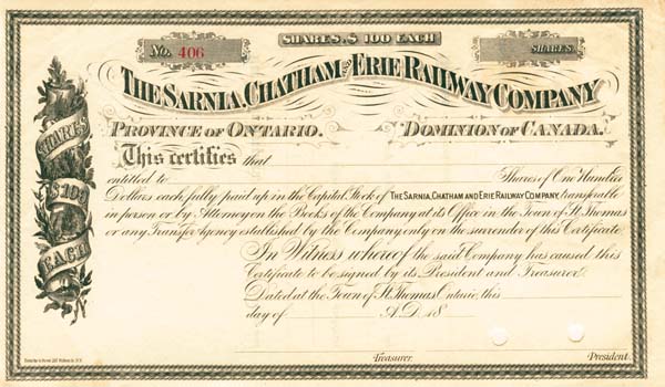 Sarnia, Chatham and Erie Railway - Stock Certificate