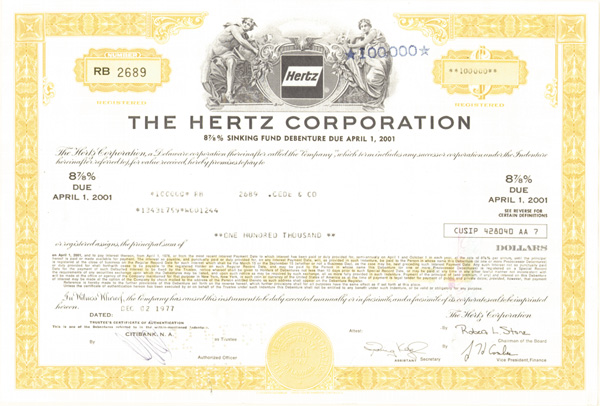 Hertz Corporation - 1970's dated Rental Car Co. Bond - Various Denominations Available