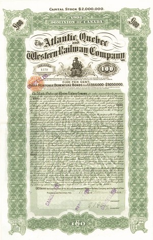 Atlantic, Quebec and Western Railway Co. - $100 Bond
