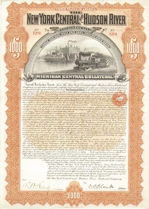 New York Central and Hudson River Railroad Co. - $1,000 Railway Gold Bond