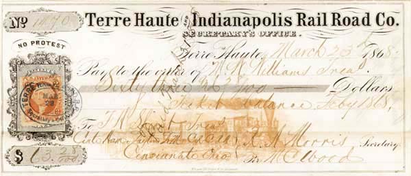 Terre Haute and Indianapolis Railroad - 1867 Railway Check - Fantastic Design