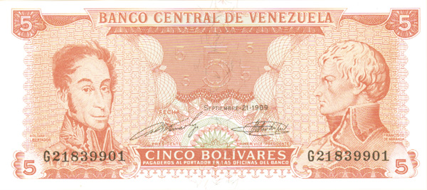 Venezuela - 5 Venezuelan Bolívares - P-70b0 - 1989 dated Foreign Paper Money