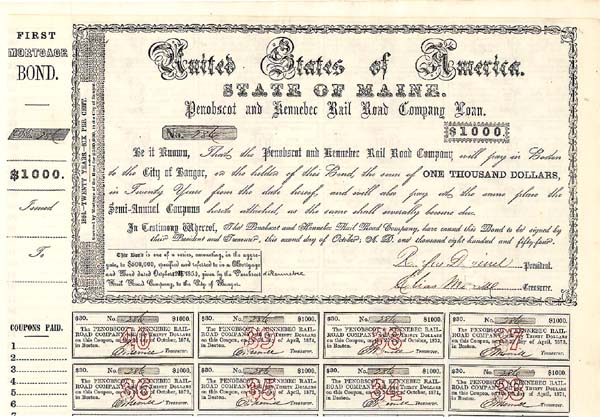 Penobscot and Kennebec Railroad - Bond