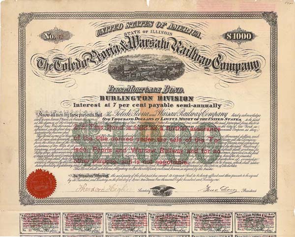 Toledo, Peoria and Warsaw Railway Co. - $1,000 Bond
