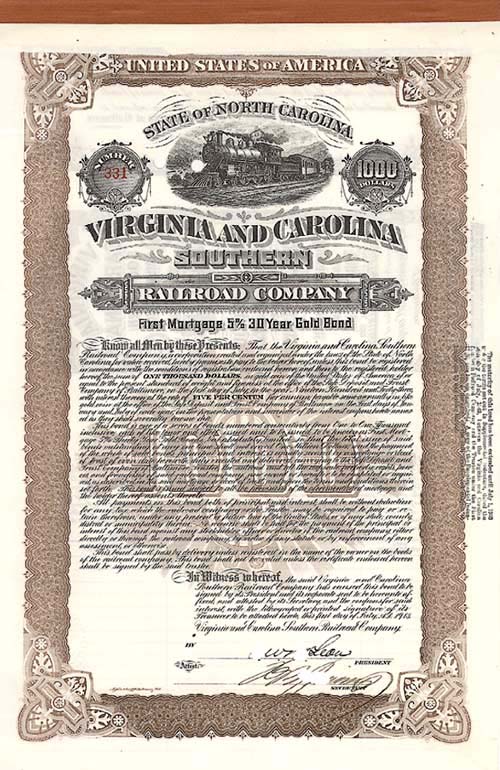 Virginia and Carolina Southern Railroad Co. - Bond