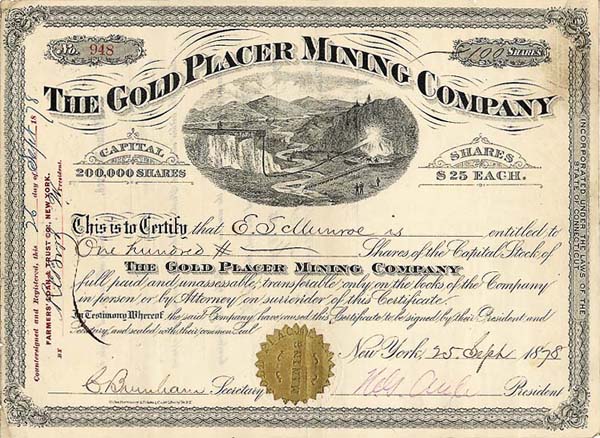 Gold Placer Mining - Stock Certificate (Uncanceled)